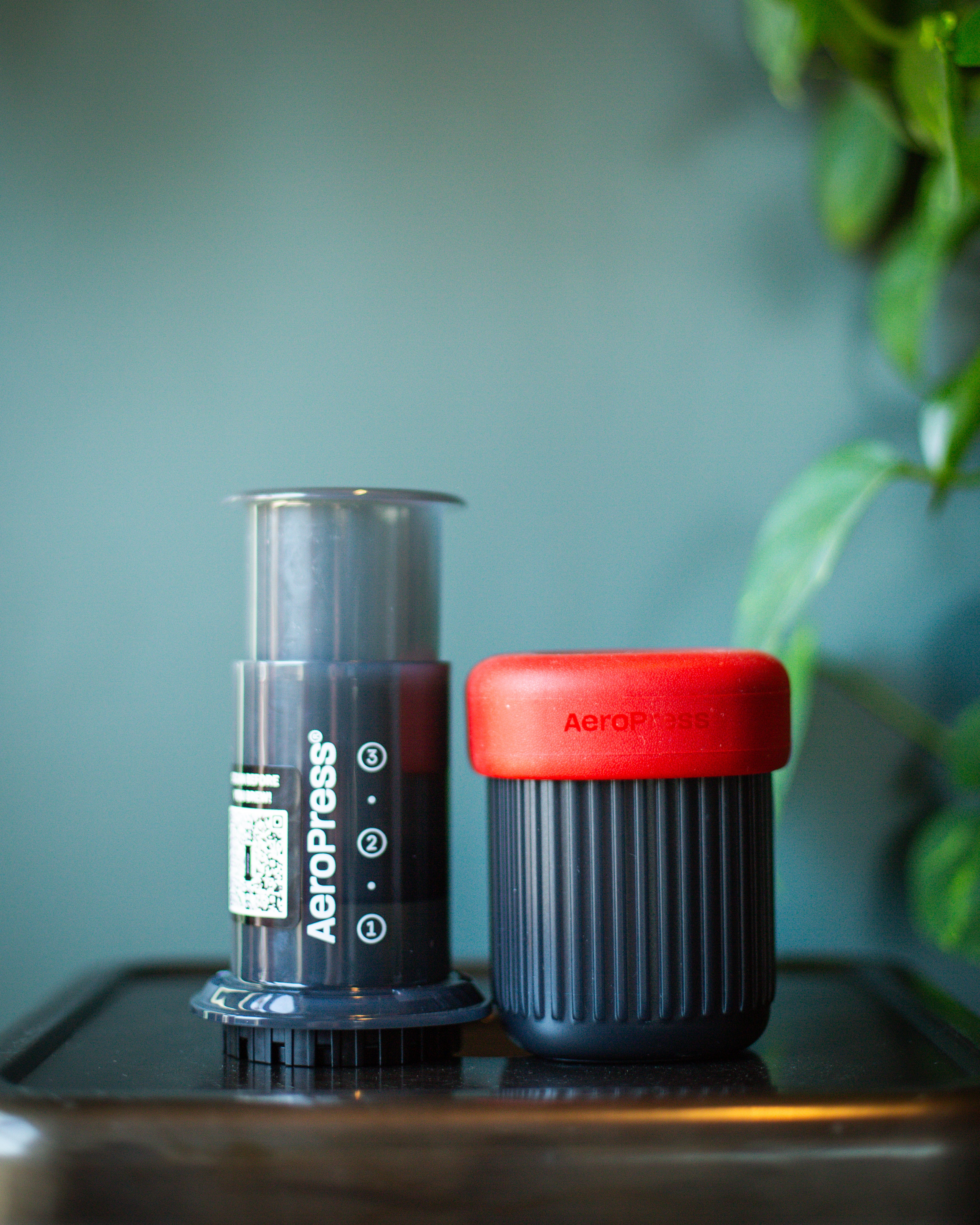 A AeroPress Go! coffee maker with a red top next to its components, set against a plant-filled background.
